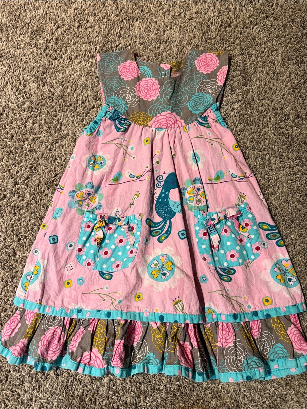 Jelly The Pug Pink Dress with Teal Bird & Floral Pockets